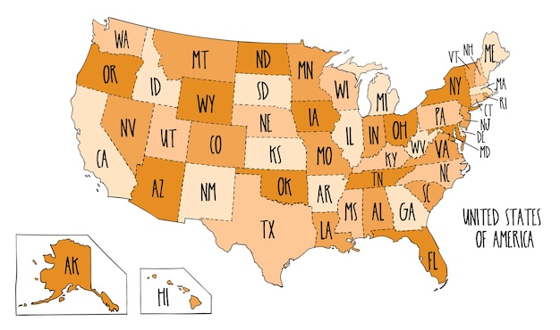 Vector hand drawn vector map of the united states of america.