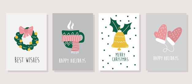 Hand drawn vector merry christmas cards collection set with cute illustrations