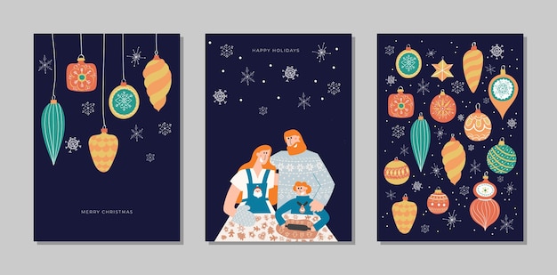 Hand drawn vector Merry Christmas and Happy New Year cards collection set