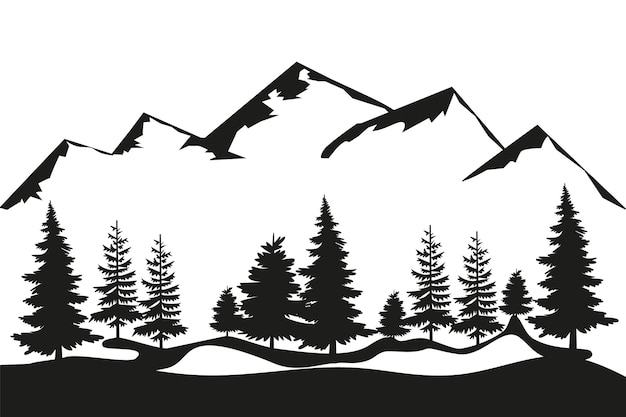 Hand drawn vector nature illustration with mountains and forest on first view silhouette landscape using for travel and nature background and card