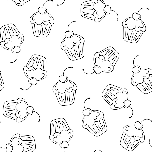 Hand-drawn vector pattern in doodle style with cupcakes and cherries.