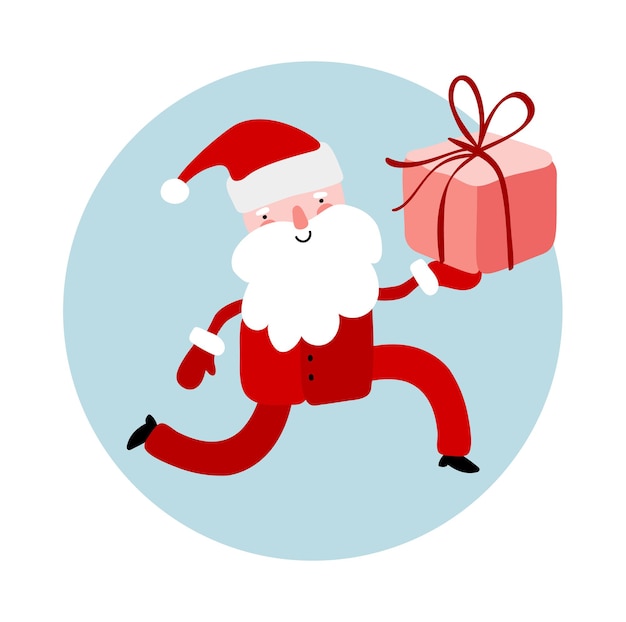 Hand drawn vector Santa Claus running with gift box fun Merry Christmas time illustration greeting card, bag