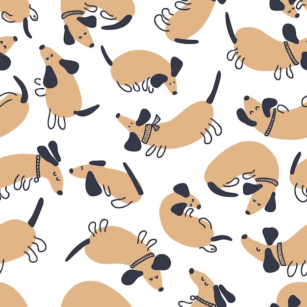 Hand drawn vector seamless pattern of playing dachshunds for greeting card poster textile and print