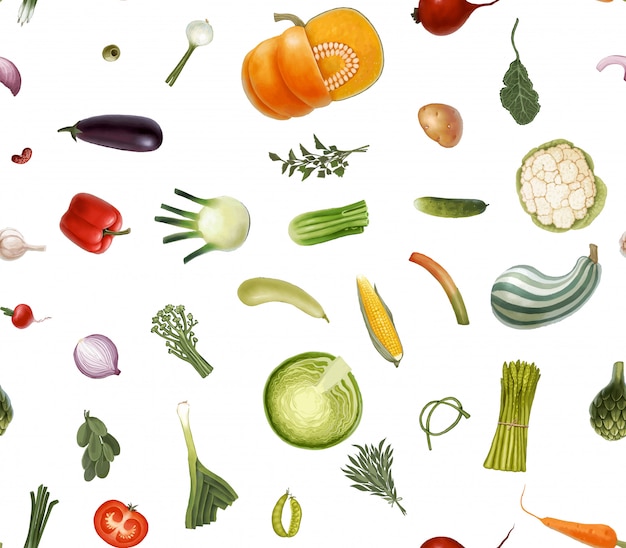  hand-drawn vector seamless pattern of vegetables