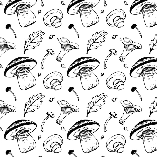 Hand drawn vector seamless pattern with mushrooms and oak leaves