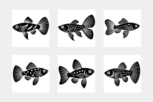 hand drawn vector set of cute aquarium fish