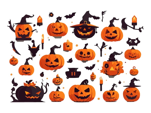 Hand drawn vector Set of Halloween scary pumpkins Flat style vector spooky creepy pumpkins