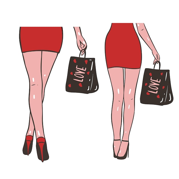 Hand drawn vector silhouettes of women with gift bag