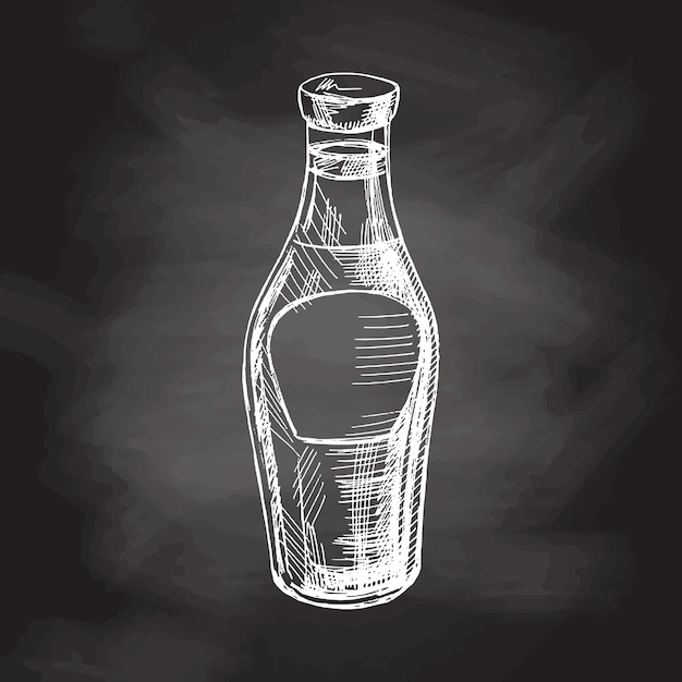 Hand drawn vector sketch of glass bottle with sauce ketchup isolated on chalkboard background