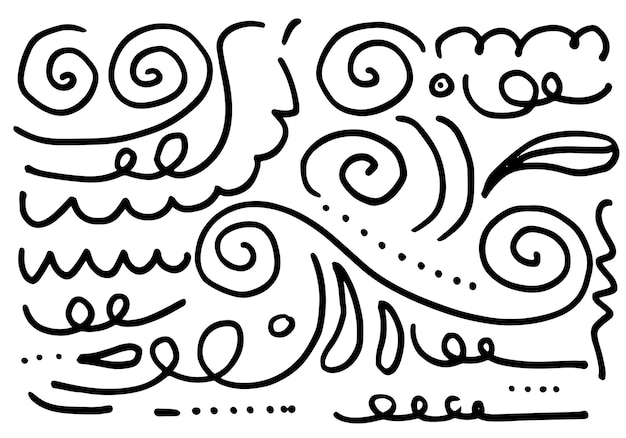 Hand drawn vector sketchy Doodle cartoon set of curls and swirls decorative elements