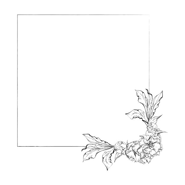 Hand drawn vector square frame wreath arrangement with peony flowers buds and leaves Isolated on white background Design for invitations wedding or greeting cards wallpaper print textile