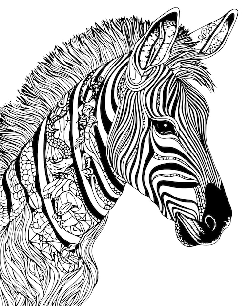 Hand drawn vector Zebra coloring book illustration