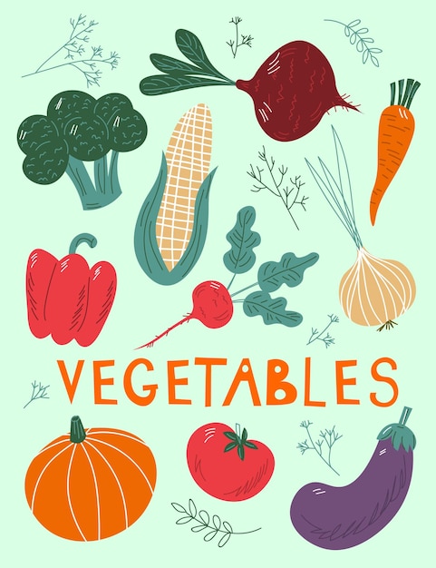 Hand drawn vegetable set with text Cartoon style vector illustration isolated on white background Fresh organic delicious vegetables healthy vegetarian food Vegan menu EPS