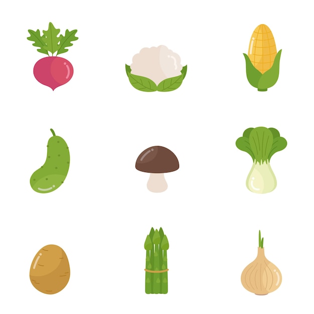 Hand drawn vegetables icons flat set