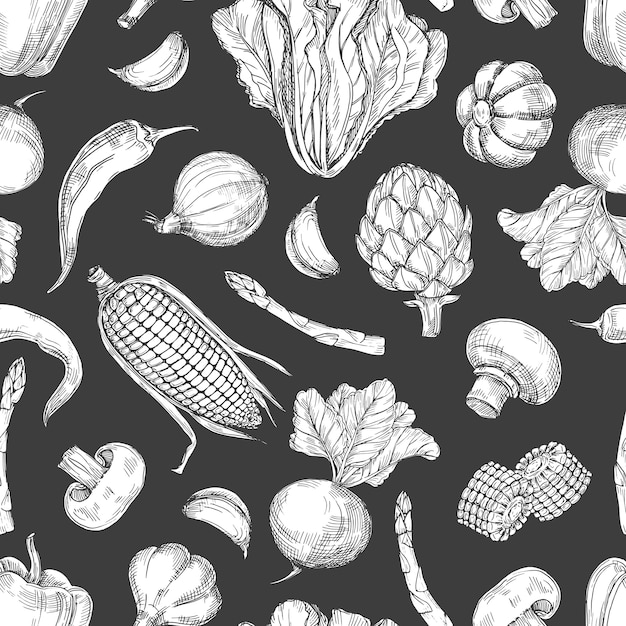 Hand drawn vegetables vintage seamless pattern background