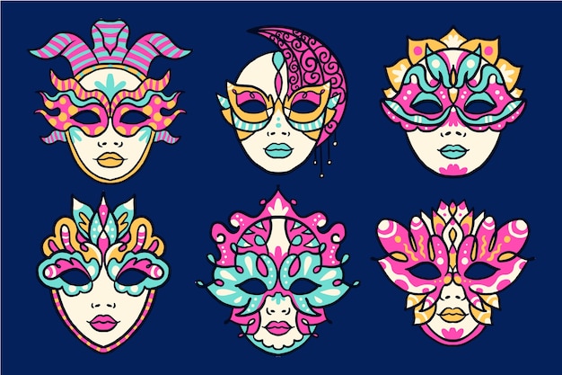 Hand drawn venice carnival masks collection