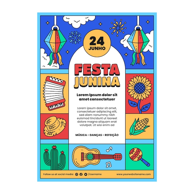 Hand drawn vertical poster template for brazilian festas juninas celebrations