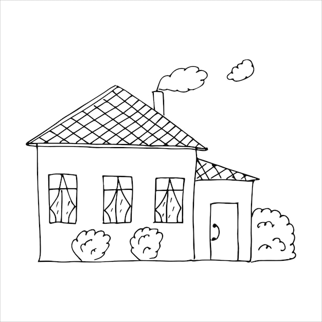 Hand drawn village house, single doodle element, picture for coloring.