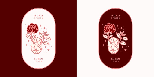 Hand drawn vintage crystal, gems, leaf, rose flower logo, and feminine beauty brand element