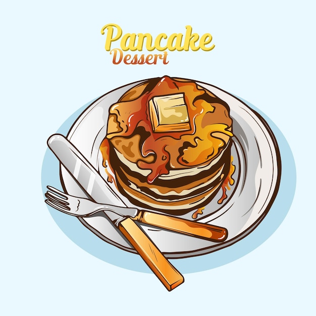 Hand drawn vintage Dessert Delicious pancake with Maple Syrup and Butter ads for poster promotion