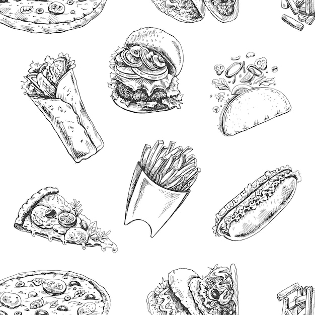 Hand drawn vintage fast food seamless pattern of burger and hot dog and pizza tacos and french fries