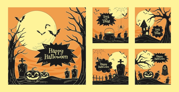 Hand drawn vintage halloween instagram posts collection