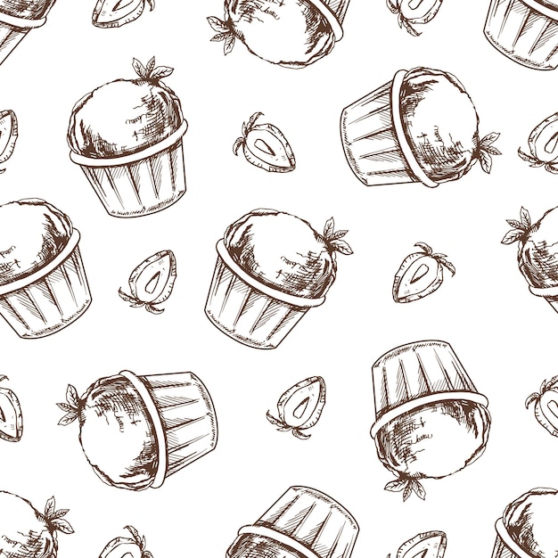 Hand drawn vintage ice cream seamless pattern with ice cream or cupcakes and strawberries