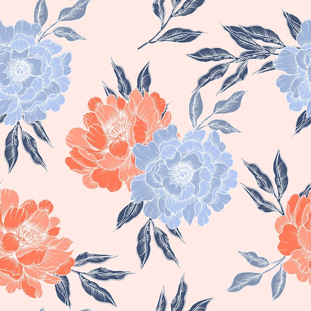 Hand Drawn Vintage Peony Seamless Pattern