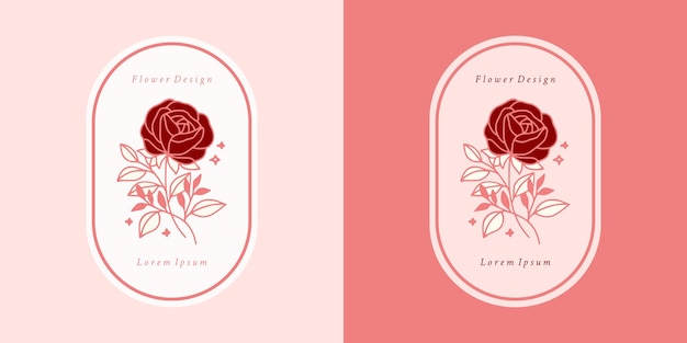 Hand drawn vintage pink botanical rose flower logo template and feminine beauty brand element set