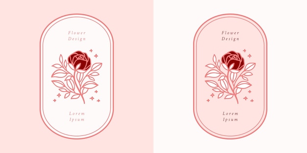 Hand drawn vintage pink botanical rose flower logo template and feminine beauty brand element set