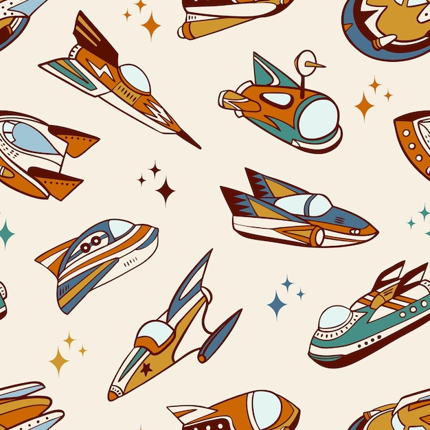 Hand drawn vintage space ships seamless vector pattern