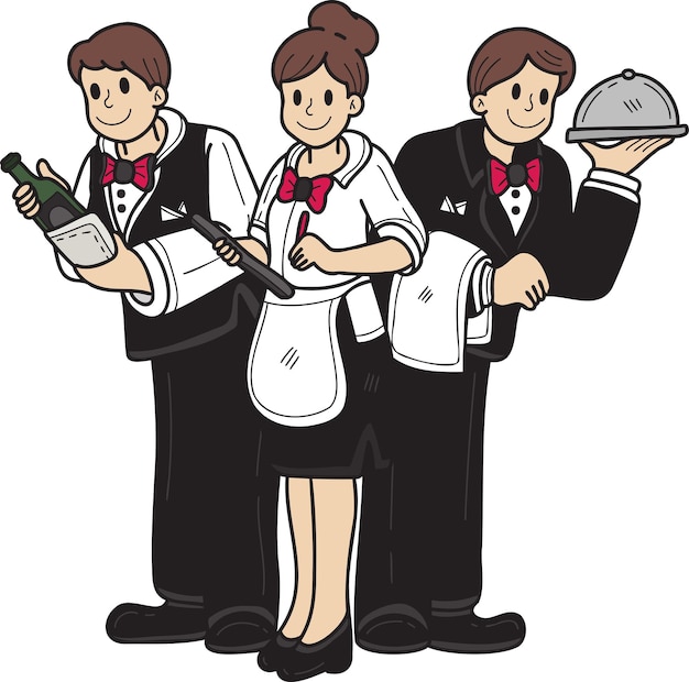 Hand Drawn Waitress in a restaurant illustration in doodle style