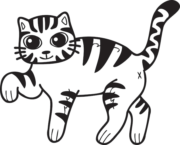 Hand Drawn walking striped cat illustration in doodle style