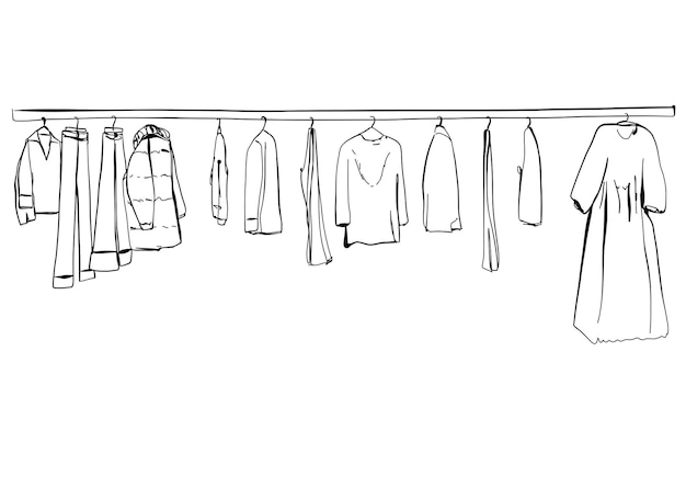 Hand drawn wardrobe sketch Clothes on the hangers Dress