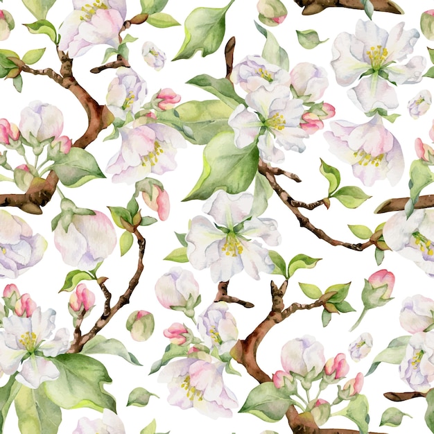 Hand drawn watercolor apple blossom white and red flowers and green leaves Seamless pattern Isolated object on white background Design for wall art wedding print fabric cover card