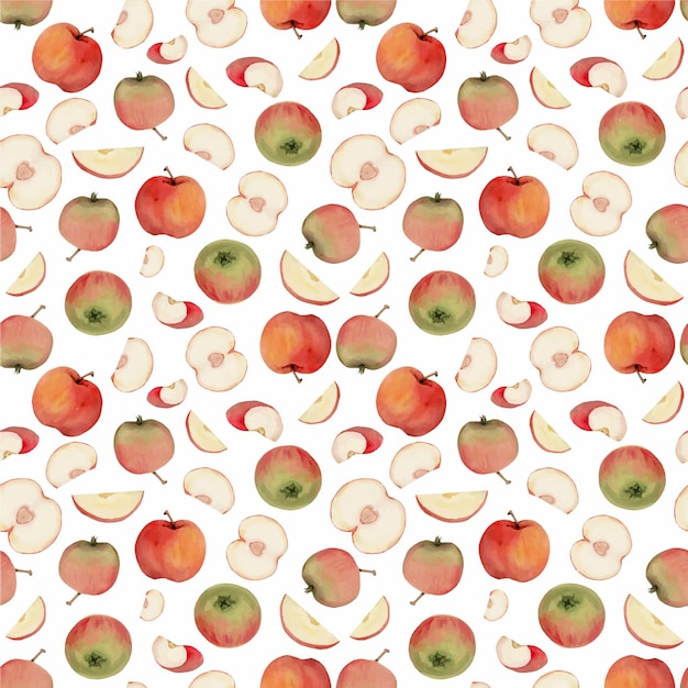 Hand drawn watercolor apple fruits ripe full and slices red and green with leaves Seamless pattern Isolated object on white background Design for wall art wedding print fabric cover card