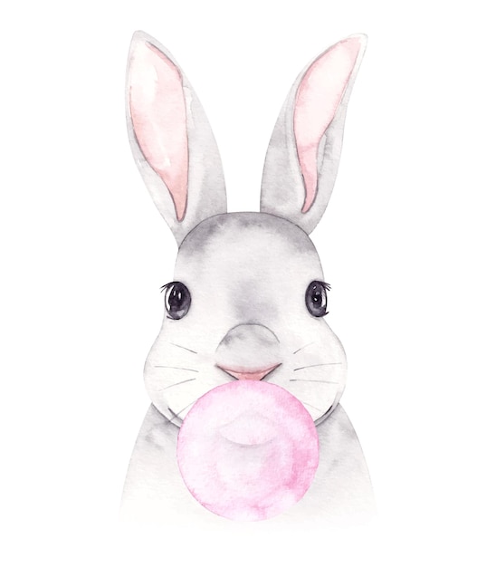 Hand drawn watercolor bunny with bubblegum