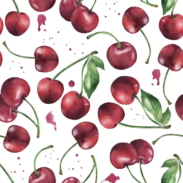 hand drawn watercolor cherry seamless pattern