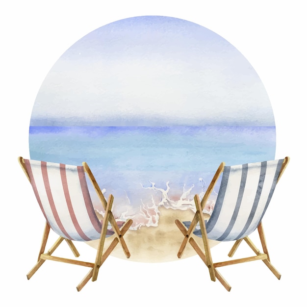 Hand drawn watercolor composition Seascape with striped beach chairs wave on sand sea view Isolated on white background Design wall art wedding print fabric cover card tourism travel booklet