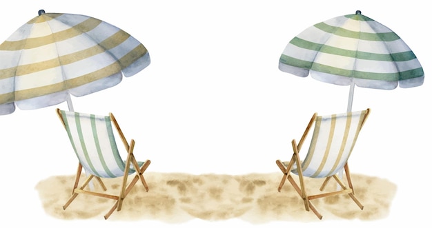 Hand drawn watercolor composition Striped beach accessories umbrellas and chairs on sand Isolated on white background Design wall art wedding print fabric cover card tourism travel booklet