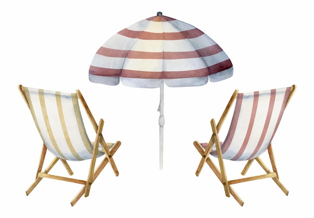 Hand drawn watercolor composition Striped beach accessories umbrellas and chairs on sand Isolated on white background Design wall art wedding print fabric cover card tourism travel booklet