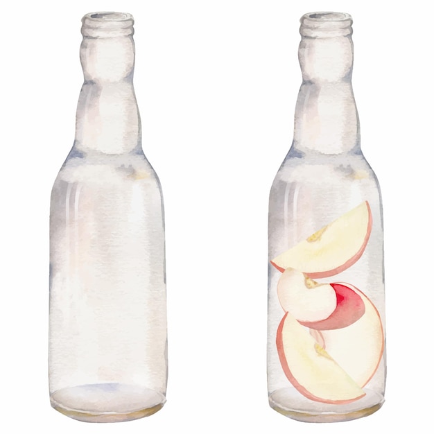 Hand drawn watercolor composition with ripe apple fruit slices in glass bottle Isolated object on white background Design for wall art wedding print fabric cover card