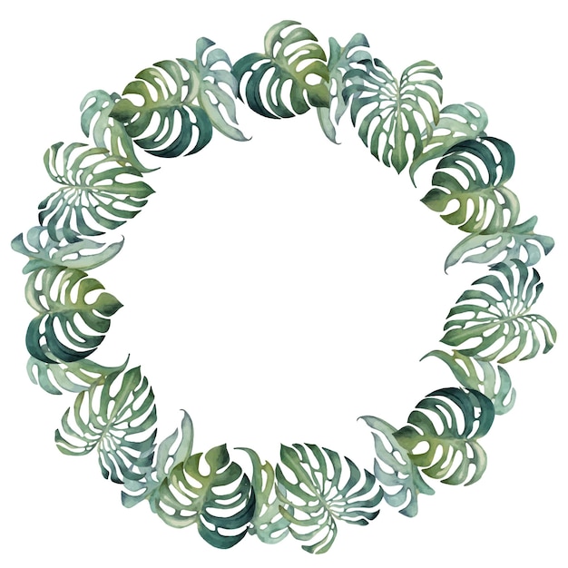 Hand drawn watercolor exotic green monstera leaves tropic foliage Circle wreath frame Isolated on white background Design wall art wedding print fabric cover card tourism travel booklet