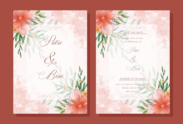 Hand drawn watercolor flower wedding invitation card