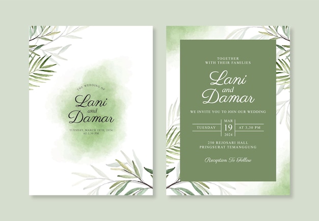 Hand drawn watercolor foliage and splash for wedding invitation card template