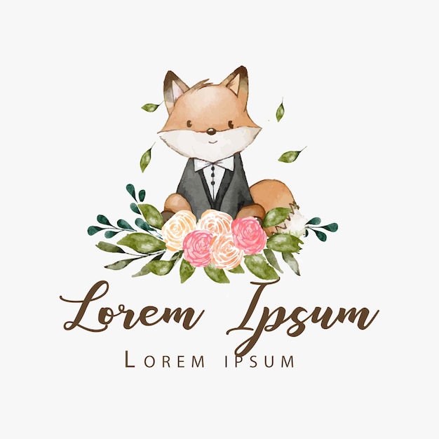 Hand drawn watercolor fox with blossom flower and suit logo design