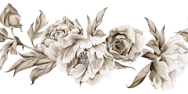 Vector hand drawn watercolor grisaille monochrome peony tulip ranunculus flowers buds and leaves seamless