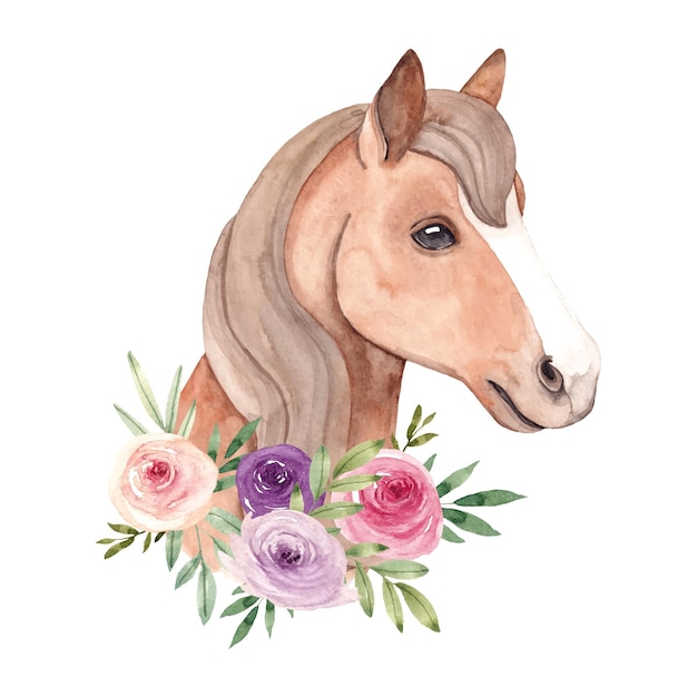 Hand drawn watercolor horse with a flower bouquet