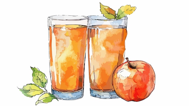 Vector hand drawn watercolor illustration of apple cider drink in glass