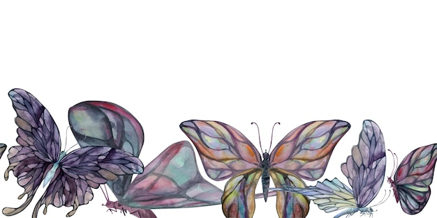 Hand drawn watercolor illustration butterfly fairy wings gem crystal insect moth Amethyst emerald fluorite moonstone Seamless border isolated white background Design print shop wedding birthday